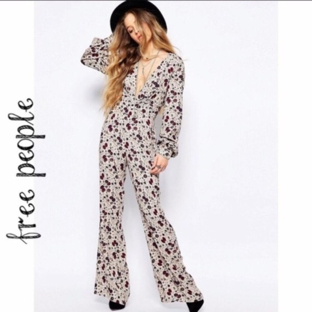 Free People Some Like It Hot Red Green Floral Jumpsuit US 2